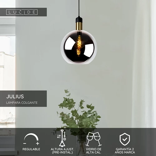 Lucide JULIUS - Lámpara colgante - Ø 28 cm - 1xE27 - Ahumado - USP